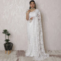 Pristine White Metallic Lace Saree with Handcrafted Stone Work, French Elegance, 110cm Width, 5.5m Length - Blouse Not Included
-D17881 Regal Fabrics