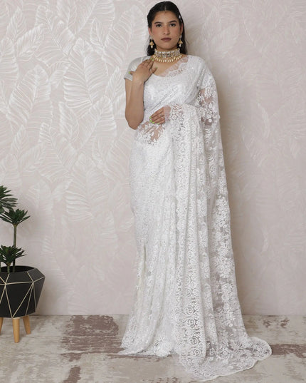 Pristine White Metallic Lace Saree with Handcrafted Stone Work, French Elegance, 110cm Width, 5.5m Length - Blouse Not Included
-D17881 Regal Fabrics