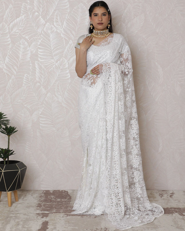 Pristine White Metallic Lace Saree with Handcrafted Stone Work, French Elegance, 110cm Width, 5.5m Length - Blouse Not Included
-D17881