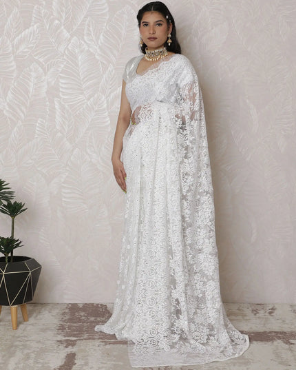 Pristine White Metallic Lace Saree with Handcrafted Stone Work, French Elegance, 110cm Width, 5.5m Length - Blouse Not Included
-D17881 Regal Fabrics