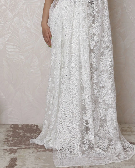 Pristine White Metallic Lace Saree with Handcrafted Stone Work, French Elegance, 110cm Width, 5.5m Length - Blouse Not Included
-D17881 Regal Fabrics