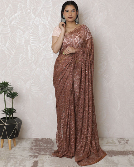 Dusty Rose Dyed Lace Saree with Hand-Placed Stone Embellishments, French Influence, 110cm Wide, 5.5m Length - Blouse Not Included-D17884