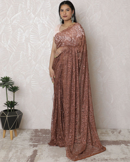 Dusty Rose Dyed Lace Saree with Hand-Placed Stone Embellishments, French Influence, 110cm Wide, 5.5m Length - Blouse Not Included-D17884