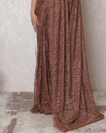 Dusty Rose Dyed Lace Saree with Hand-Placed Stone Embellishments, French Influence, 110cm Wide, 5.5m Length - Blouse Not Included-D17884