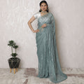 Sophisticated Seafoam Dyed Lace Saree, French Design with Stone Embellishments, 110cm Wide, 5.5m Length - Blouse Not Included-D17885