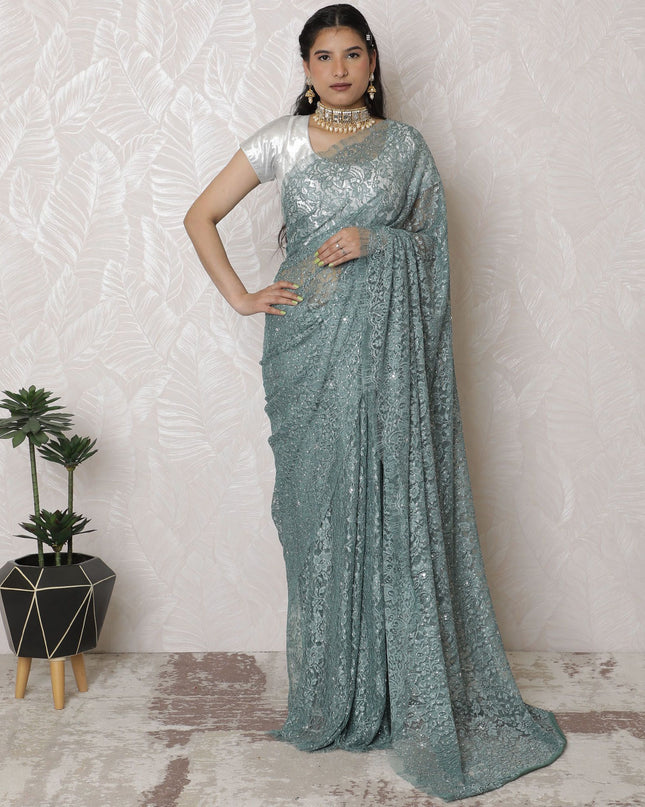 Sophisticated Seafoam Dyed Lace Saree, French Design with Stone Embellishments, 110cm Wide, 5.5m Length - Blouse Not Included-D17885