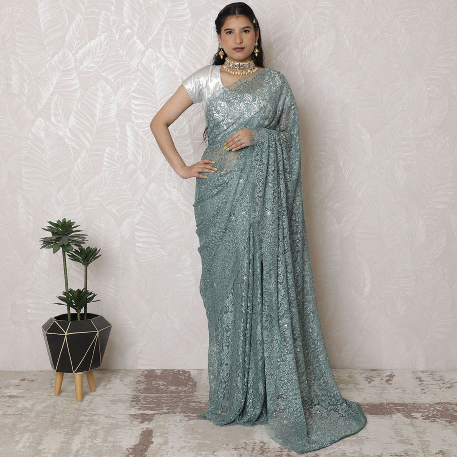 Sophisticated Seafoam Dyed Lace Saree, French Design with Stone Embellishments, 110cm Wide, 5.5m Length - Blouse Not Included-D17885