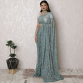 Sophisticated Seafoam Dyed Lace Saree, French Design with Stone Embellishments, 110cm Wide, 5.5m Length - Blouse Not Included-D17885