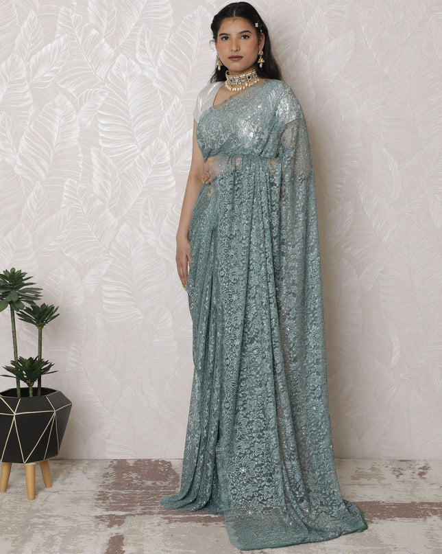 Sophisticated Seafoam Dyed Lace Saree, French Design with Stone Embellishments, 110cm Wide, 5.5m Length - Blouse Not Included-D17885