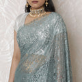 Sophisticated Seafoam Dyed Lace Saree, French Design with Stone Embellishments, 110cm Wide, 5.5m Length - Blouse Not Included-D17885