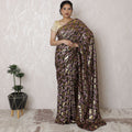 Espresso Elegance Silk Chiffon Saree with Gold and Pink Metallic Jacquard, French Design, 110cm Width, 5.5m Length - Blouse Not Included-D17888