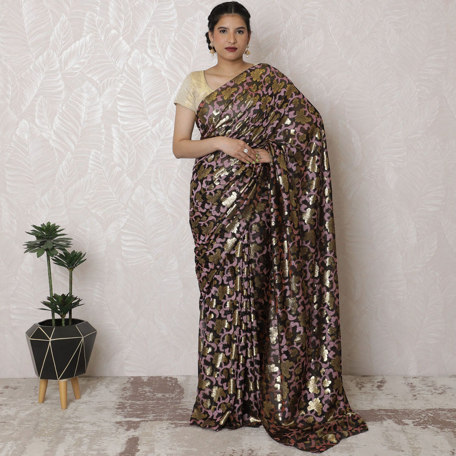 Espresso Elegance Silk Chiffon Saree with Gold and Pink Metallic Jacquard, French Design, 110cm Width, 5.5m Length - Blouse Not Included-D17888