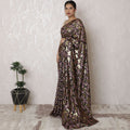 Espresso Elegance Silk Chiffon Saree with Gold and Pink Metallic Jacquard, French Design, 110cm Width, 5.5m Length - Blouse Not Included-D17888
