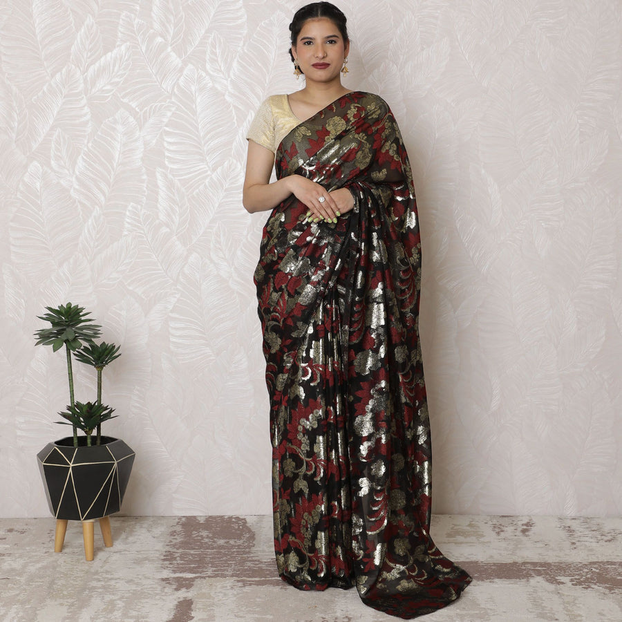 ساري شيفون حرير جاكار باللون القرمزي والفضي المعدني، تصميم فرنسي، عرض 110 سم، أناقة 5.5 متر - البلوزة غير متضمنة-D17889