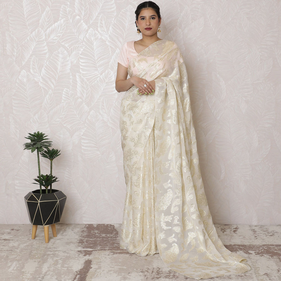 Blush and Gold Paisley Silk Chiffon Saree, French Metallic Jacquard, 110cm Width, 5.5m Length - Blouse Not Included-D17891