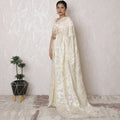 Blush and Gold Paisley Silk Chiffon Saree, French Metallic Jacquard, 110cm Width, 5.5m Length - Blouse Not Included-D17891