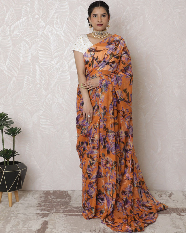 Tangerine Dream Silk Chiffon Saree with Lavender Floral Metallic Jacquard, South Korean Craftsmanship, 110cm Wide, 5.5m Length - Blouse Not Included-D17892