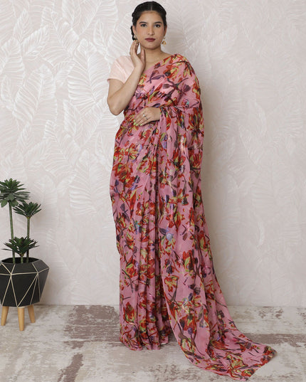 Coral Blossom Silk Chiffon Saree with Metallic Jacquard Accents, South Korean Excellence, 110cm Width, 5.5m Length - Blouse Not Included-D17893