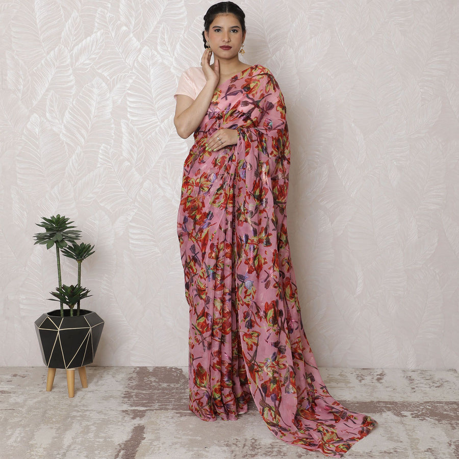 ساري شيفون حريري من Coral Blossom مع لمسات جاكار معدنية، امتياز كوري جنوبي، عرض 110 سم، طول 5.5 متر - البلوزة غير متضمنة-D17893