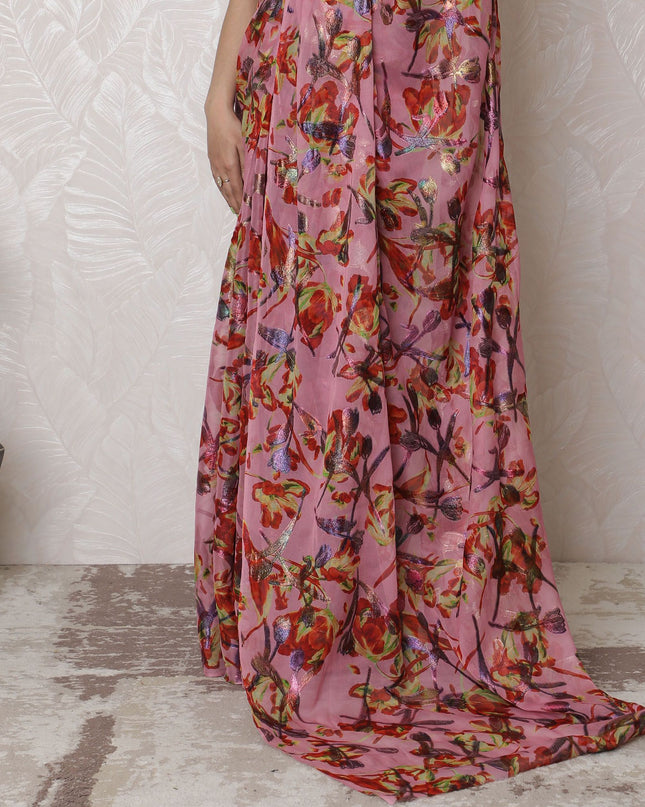 ساري شيفون حريري من Coral Blossom مع لمسات جاكار معدنية، امتياز كوري جنوبي، عرض 110 سم، طول 5.5 متر - البلوزة غير متضمنة-D17893