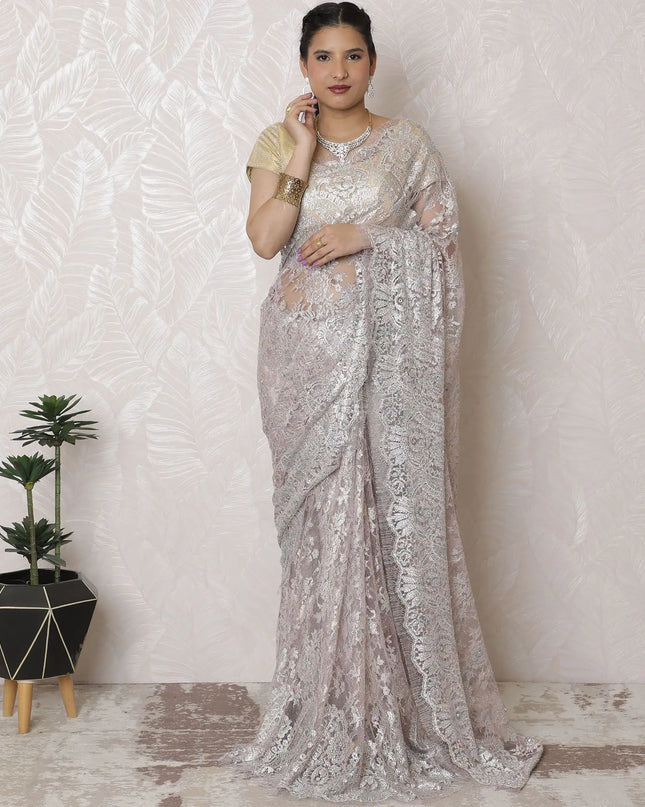 Opulent Silver, Light pink Metallic Chantilly Lace Saree with Exquisite Stone Embellishment, 110cm Width, 5.5m Length â€“ Blouse Not Included-D17937 Regal Fabrics
