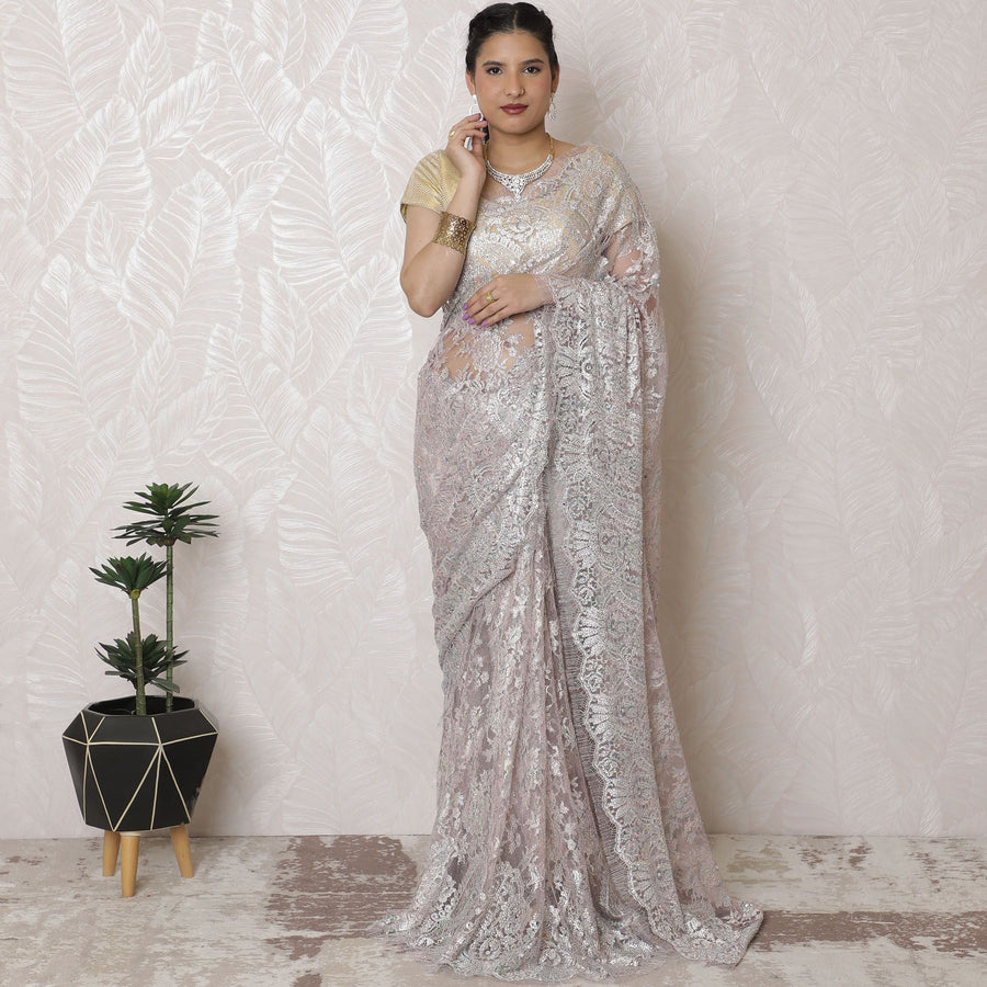 Opulent Silver, Light pink Metallic Chantilly Lace Saree with Exquisite Stone Embellishment, 110cm Width, 5.5m Length â€“ Blouse Not Included-D17937