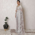 Opulent Silver, Light pink Metallic Chantilly Lace Saree with Exquisite Stone Embellishment, 110cm Width, 5.5m Length â€“ Blouse Not Included-D17937
