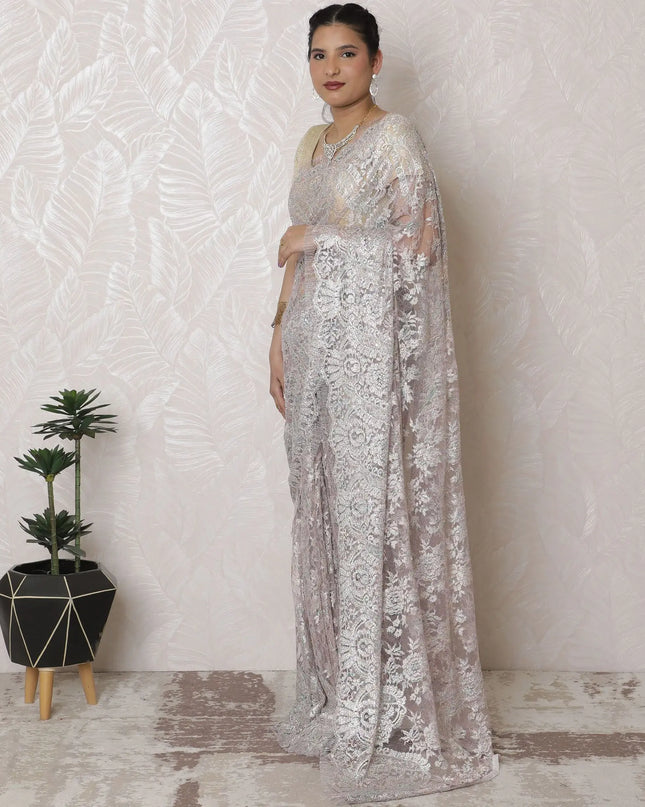 Opulent Silver, Light pink Metallic Chantilly Lace Saree with Exquisite Stone Embellishment, 110cm Width, 5.5m Length â€“ Blouse Not Included-D17937 Regal Fabrics