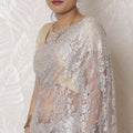 Opulent Silver, Light pink Metallic Chantilly Lace Saree with Exquisite Stone Embellishment, 110cm Width, 5.5m Length â€“ Blouse Not Included-D17937