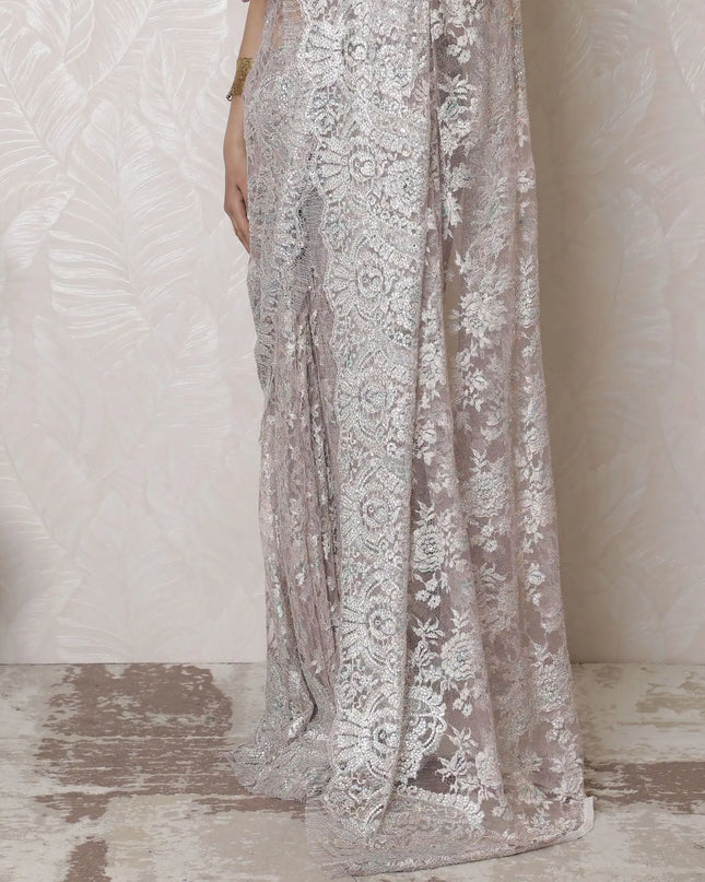 Opulent Silver, Light pink Metallic Chantilly Lace Saree with Exquisite Stone Embellishment, 110cm Width, 5.5m Length â€“ Blouse Not Included-D17937 Regal Fabrics