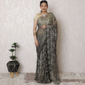 Exquisite Black French Metallic Chantilly Lace Saree with Elegant Stone Embellishments, 110cm Width, 5.5m Length - Blouse Not Included-D17938 Regal Fabrics