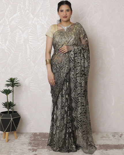 Exquisite Black French Metallic Chantilly Lace Saree with Elegant Stone Embellishments, 110cm Width, 5.5m Length - Blouse Not Included-D17938 Regal Fabrics