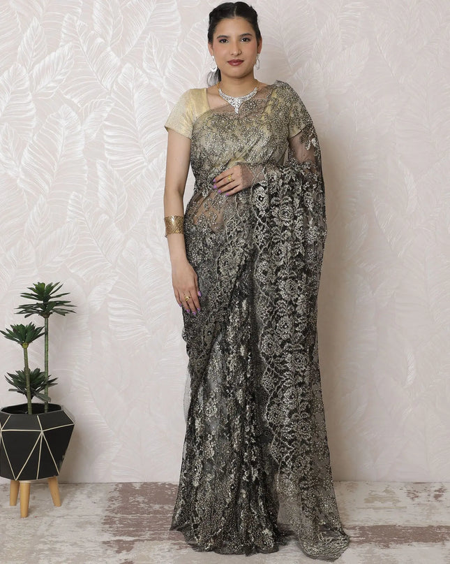 Exquisite Black French Metallic Chantilly Lace Saree with Elegant Stone Embellishments, 110cm Width, 5.5m Length - Blouse Not Included-D17938 Regal Fabrics