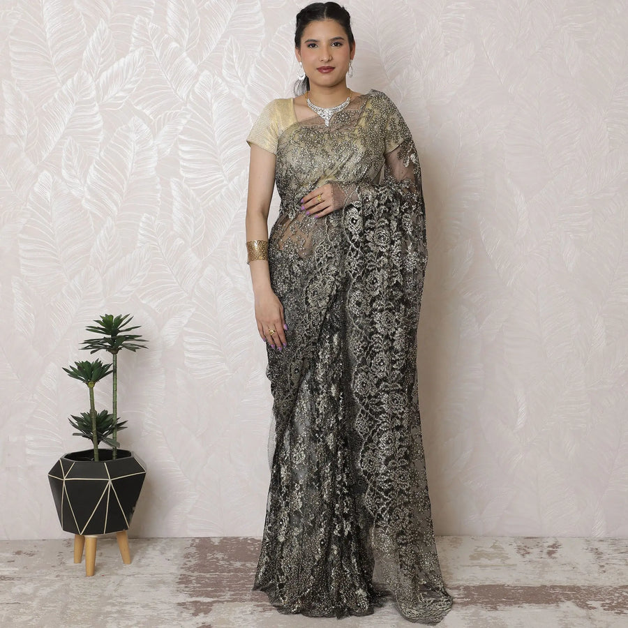 Exquisite Black French Metallic Chantilly Lace Saree with Elegant Stone Embellishments, 110cm Width, 5.5m Length - Blouse Not Included-D17938 Regal Fabrics