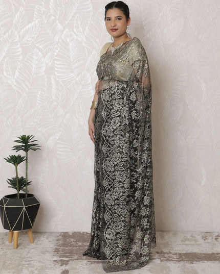 Exquisite Black French Metallic Chantilly Lace Saree with Elegant Stone Embellishments, 110cm Width, 5.5m Length - Blouse Not Included-D17938 Regal Fabrics