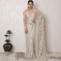 Elegant Blush Metallic Chantilly Lace Saree with Stone Embellishments, Imported from France, 110cm Wide, 5.5m Long - Blouse Not Included-D17939