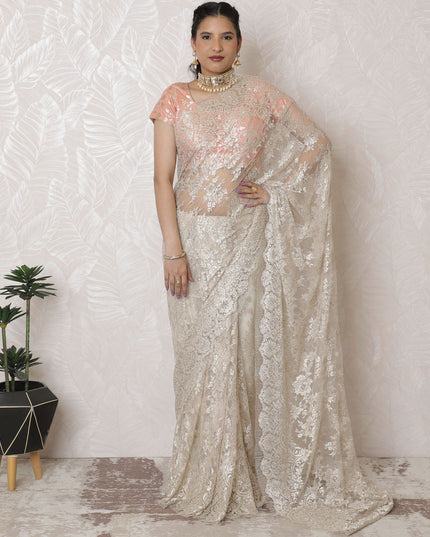 Elegant Blush Metallic Chantilly Lace Saree with Stone Embellishments, Imported from France, 110cm Wide, 5.5m Long - Blouse Not Included-D17939