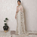 Elegant Blush Metallic Chantilly Lace Saree with Stone Embellishments, Imported from France, 110cm Wide, 5.5m Long - Blouse Not Included-D17939
