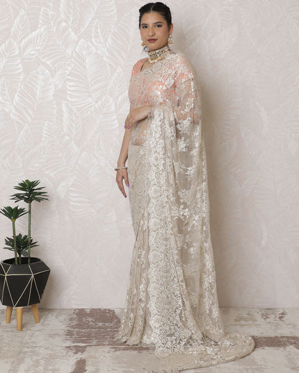 Elegant Blush Metallic Chantilly Lace Saree with Stone Embellishments, Imported from France, 110cm Wide, 5.5m Long - Blouse Not Included-D17939