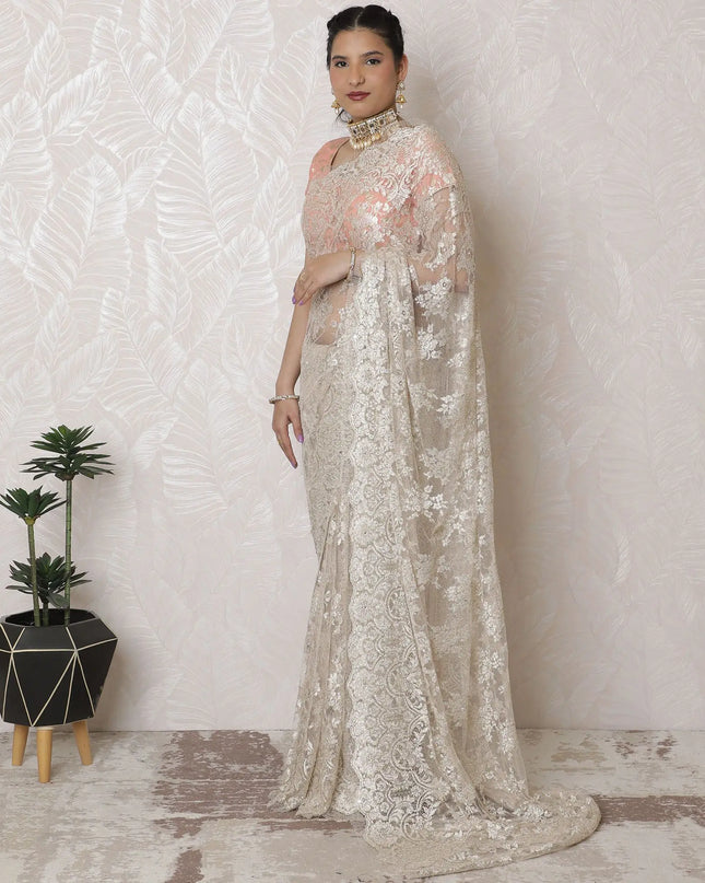 Elegant Blush Metallic Chantilly Lace Saree with Stone Embellishments, Imported from France, 110cm Wide, 5.5m Long - Blouse Not Included-D17939 Regal Fabrics