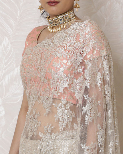 Elegant Blush Metallic Chantilly Lace Saree with Stone Embellishments, Imported from France, 110cm Wide, 5.5m Long - Blouse Not Included-D17939
