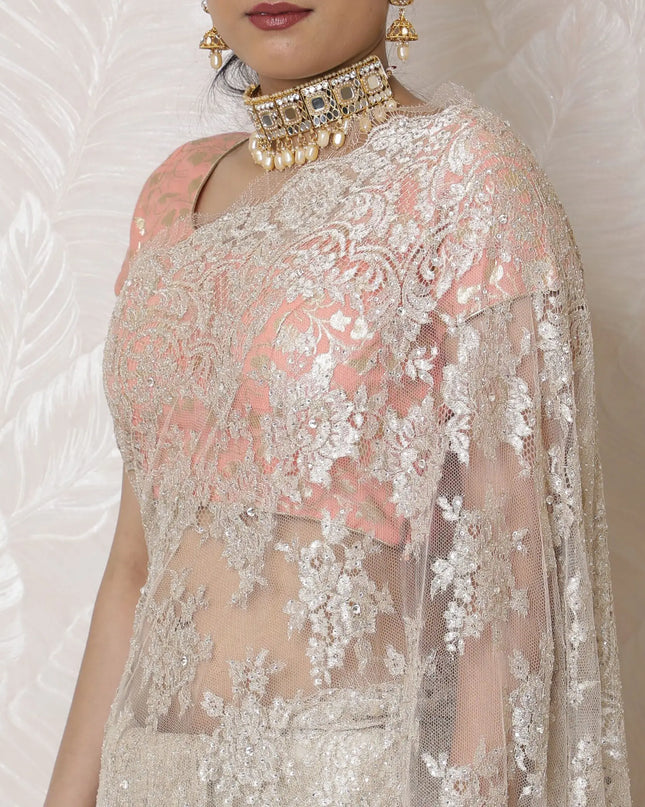 Elegant Blush Metallic Chantilly Lace Saree with Stone Embellishments, Imported from France, 110cm Wide, 5.5m Long - Blouse Not Included-D17939 Regal Fabrics