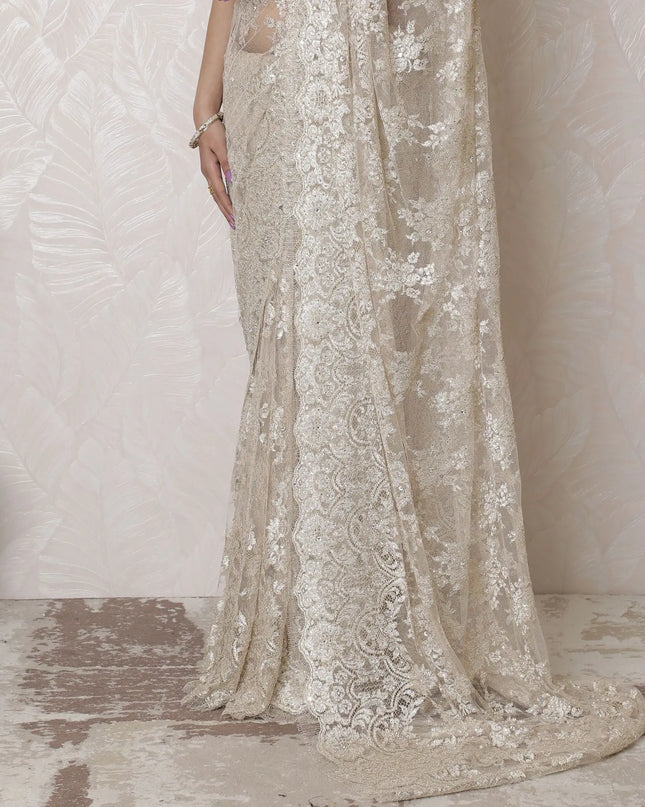 Elegant Blush Metallic Chantilly Lace Saree with Stone Embellishments, Imported from France, 110cm Wide, 5.5m Long - Blouse Not Included-D17939 Regal Fabrics