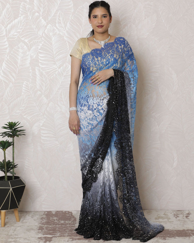Starry Night Blue Ombre Chantilly Lace Saree, Exquisite Stone Embellishments, 110cm x 5.5m - Elegance from France - Blouse Not Included-D17942