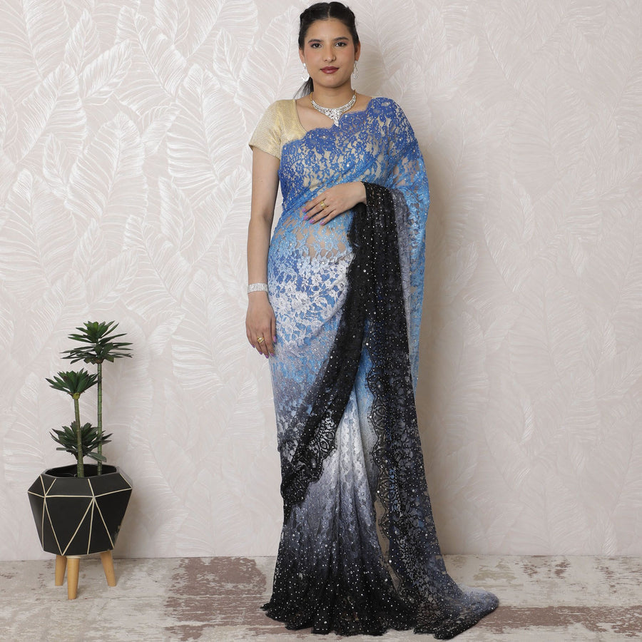 Starry Night Blue Ombre Chantilly Lace Saree, Exquisite Stone Embellishments, 110cm x 5.5m - Elegance from France - Blouse Not Included-D17942