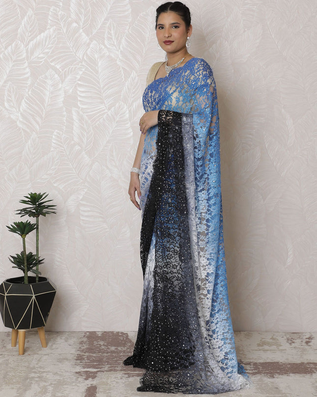 Starry Night Blue Ombre Chantilly Lace Saree, Exquisite Stone Embellishments, 110cm x 5.5m - Elegance from France - Blouse Not Included-D17942