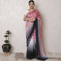 French Chantilly Lace Saree with Gradient Pink to Charcoal Ombre and Stone Work, 110cm x 5.5m - Blouse Not Included-D17943