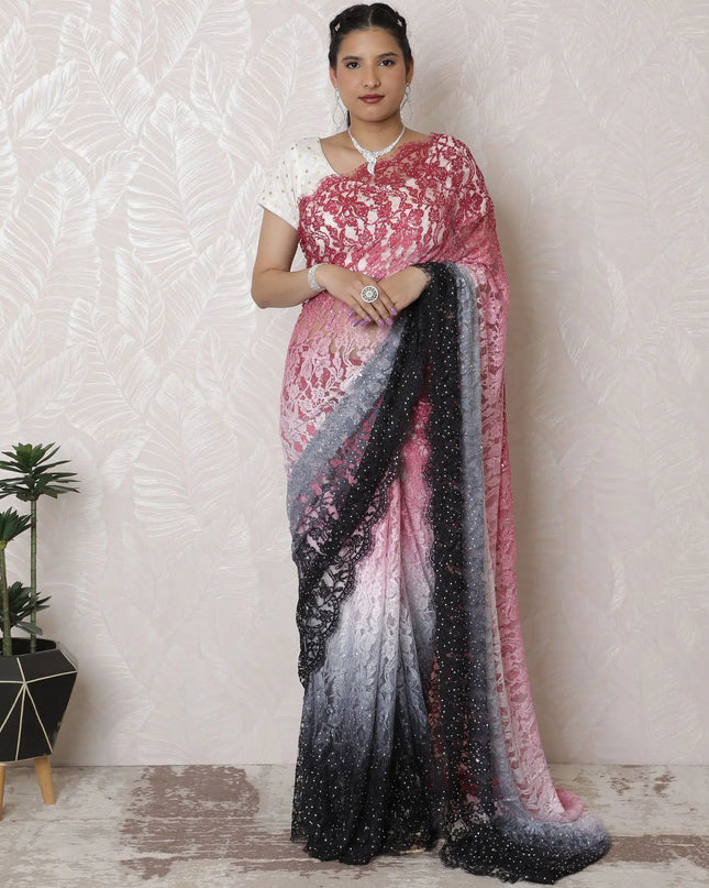 French Chantilly Lace Saree with Gradient Pink to Charcoal Ombre and Stone Work, 110cm x 5.5m - Blouse Not Included-D17943 Regal Fabrics