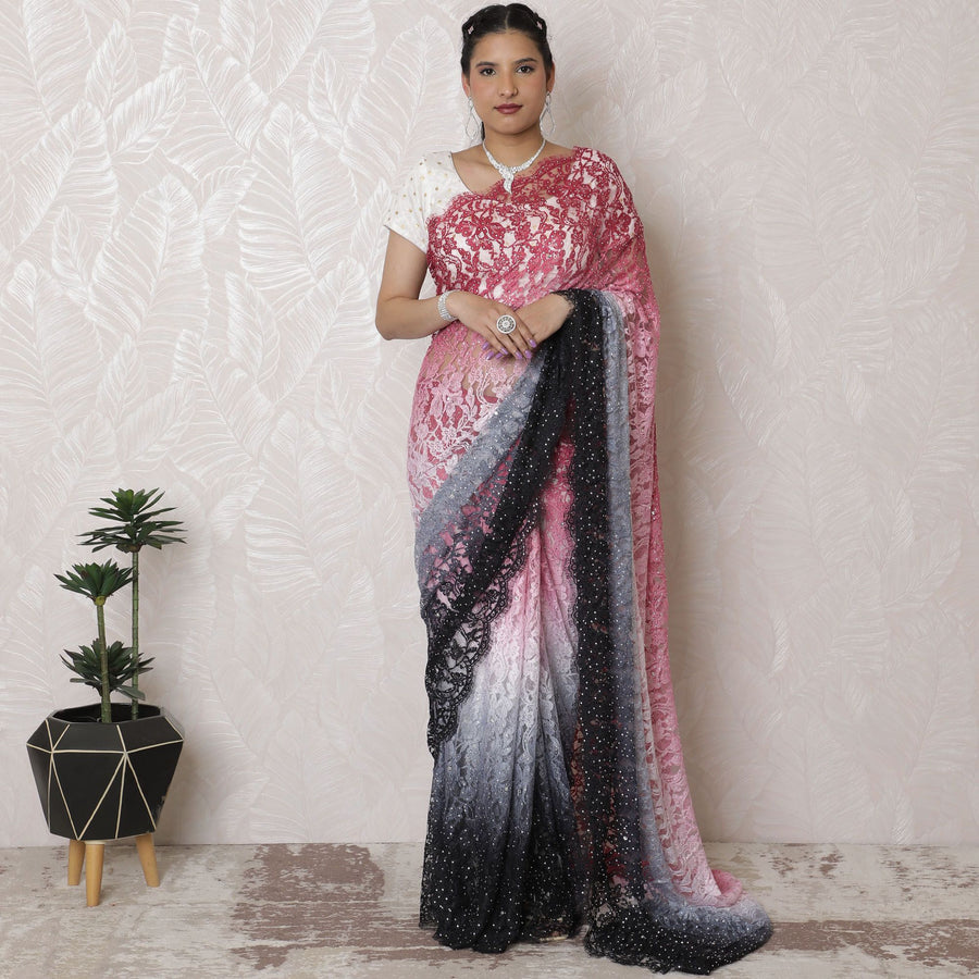 French Chantilly Lace Saree with Gradient Pink to Charcoal Ombre and Stone Work, 110cm x 5.5m - Blouse Not Included-D17943