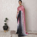 French Chantilly Lace Saree with Gradient Pink to Charcoal Ombre and Stone Work, 110cm x 5.5m - Blouse Not Included-D17943